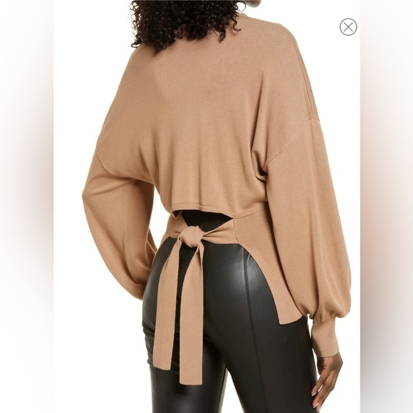 Tie Back Belt Ribbed Mocha Mousse Sweater Mock Neck Billow Sleeve Size L NWT - Picture 9 of 16